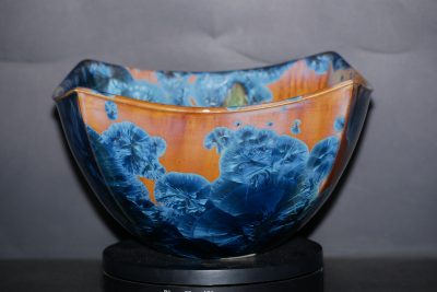 Petit saladier carré porcelaine orange marron cristaux bleus