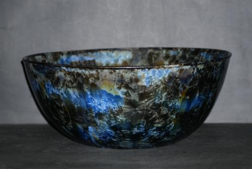 Grand saladier bleu en grès artisanal