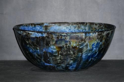 Grand saladier bleu en grès artisanal