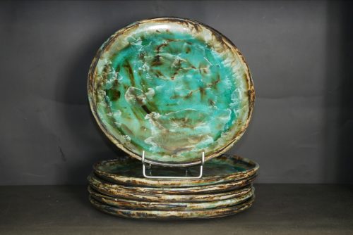 Jeu de 6 assiettes en grès email vert