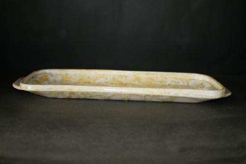 Plat à cake artisanal en grès blanc cristaux jaunes 39 cm