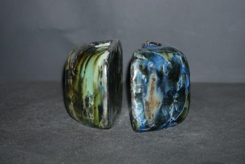 Duo vases en grès demi-cube bleu et vert