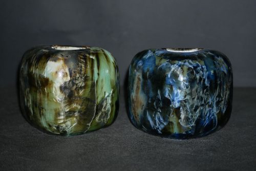 Duo vases en grès demi-cube bleu et vert