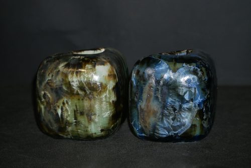 Duo vases en grès demi-cube bleu et vert