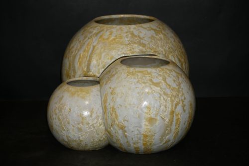 Triple vases boules imbriqués en grès blanc-jaune