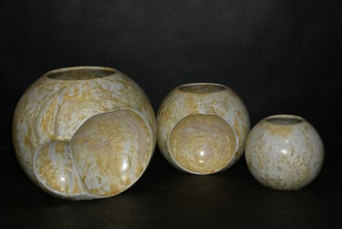 Triple vases boules imbriqués en grès blanc-jaune