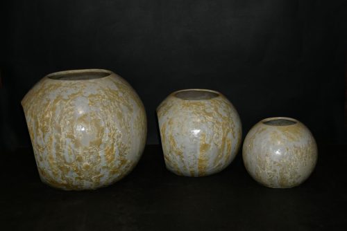 Triple vases boules imbriqués en grès blanc-jaune
