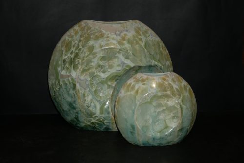 Double vases disques en porcelaine vert citron
