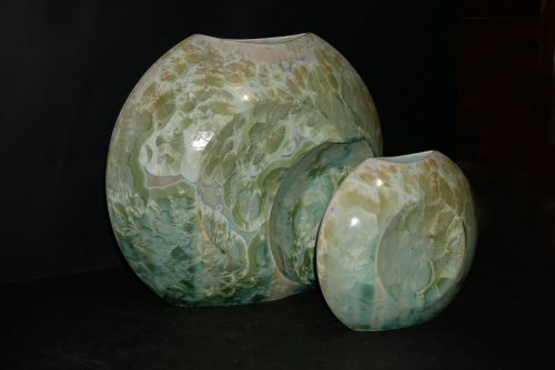 Double vases disques en porcelaine vert citron