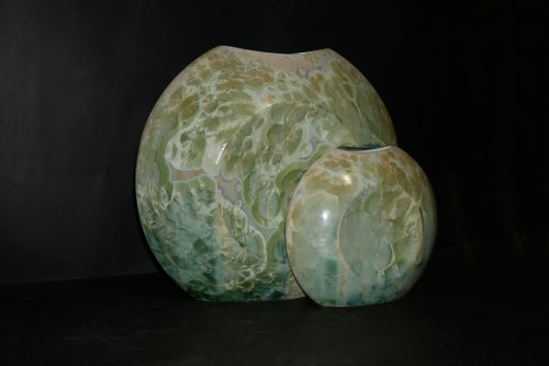 Double vases disques en porcelaine vert citron