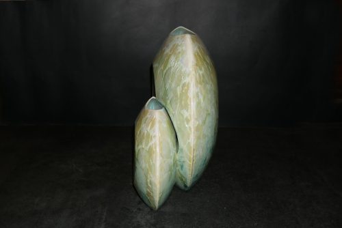Double vases disques en porcelaine vert citron