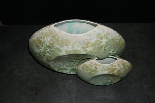 Double vases disques en porcelaine vert citron