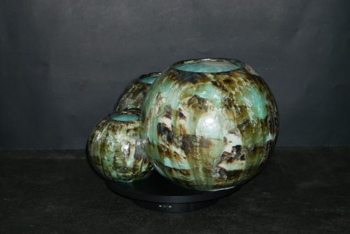 Triple vases boules imbriqués en grès vert olive