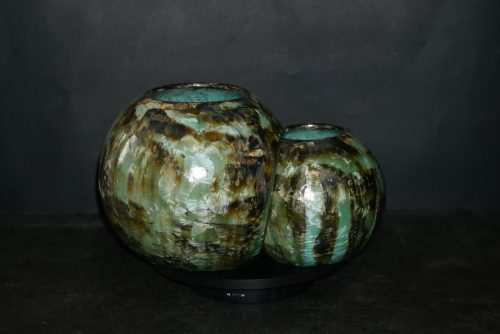 Triple vases boules imbriqués en grès vert olive