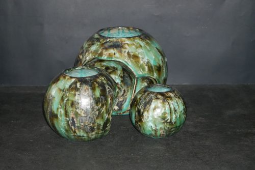 Triple vases boules imbriqués en grès vert olive