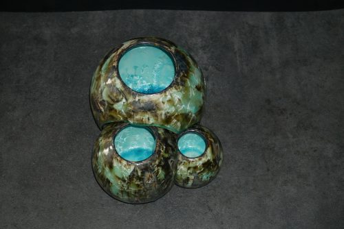 Triple vases boules imbriqués en grès vert olive