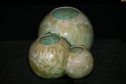 Triple vases boules imbriqués en porcelaine vert-citron