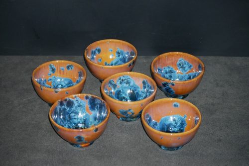 Jeu de 6 bolées en porcelaine orange-marron cristaux bleus