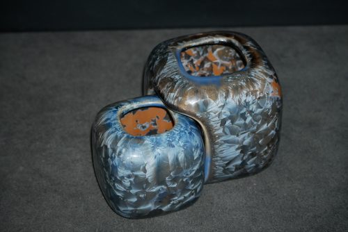 Doubles vases imbriqués carrés en grès cristaux gris