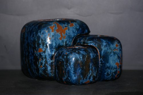 Triple vases cubes imbriqués en grès cristaux gris-bleu