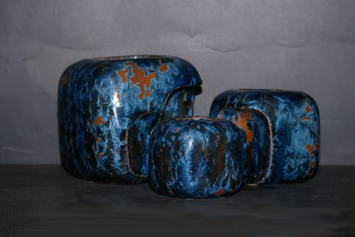 Triple vases cubes imbriqués en grès cristaux gris-bleu