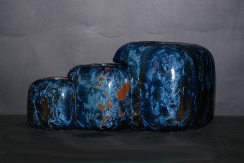 Triple vases cubes imbriqués en grès cristaux gris-bleu