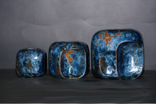 Triple vases cubes imbriqués en grès cristaux gris-bleu