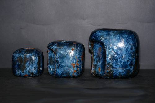 Triple vases cubes imbriqués en grès cristaux gris-bleu