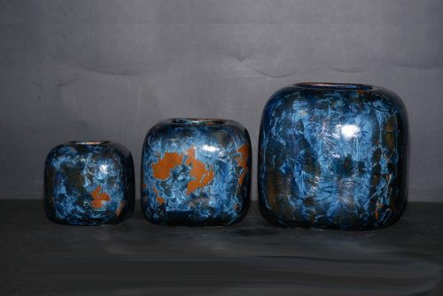 Triple vases cubes imbriqués en grès cristaux gris-bleu