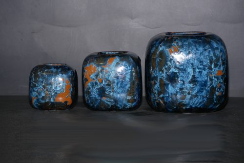 Triple vases cubes imbriqués en grès cristaux gris-bleu