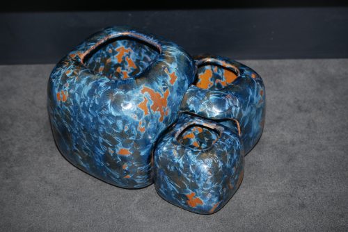 Triple vases cubes imbriqués en grès cristaux gris-bleu