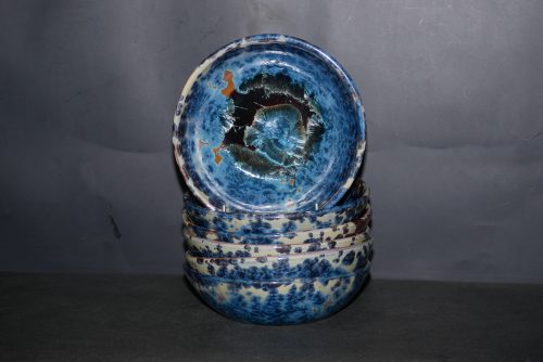 6 Assiettes creuses artisanales en grès marron-bleu
