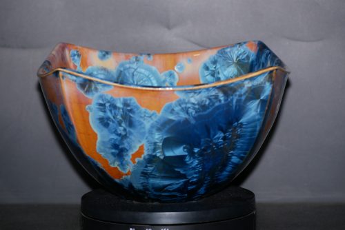Petit saladier carré porcelaine orange marron cristaux bleus