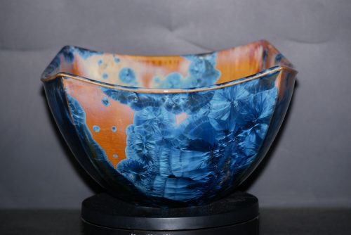 Petit saladier carré porcelaine orange marron cristaux bleus